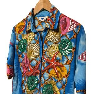 Gottex Tropical Seashell Starfish Button Up Short Sleeve Hawaiian Shirt‎ Size L